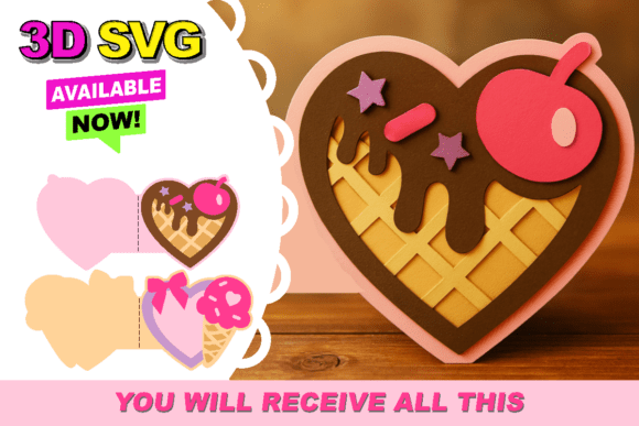 Ice Cream Heart Card 3D SVG for Valentine’s Day Branding
