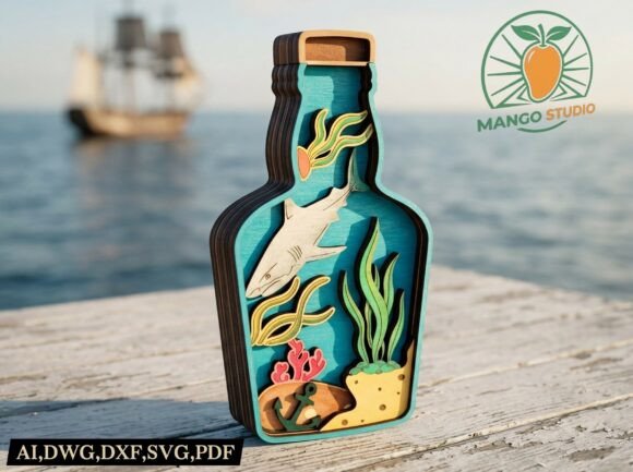 Multilayer Ocean Shark Bottle 3D: A Laser Cutting Home Decor Asset for Bold Branding