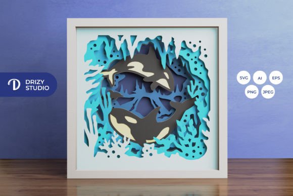 Swimming Orca 3D Shadow Box Paper Cut: A Bold Design Asset for Creative Projects